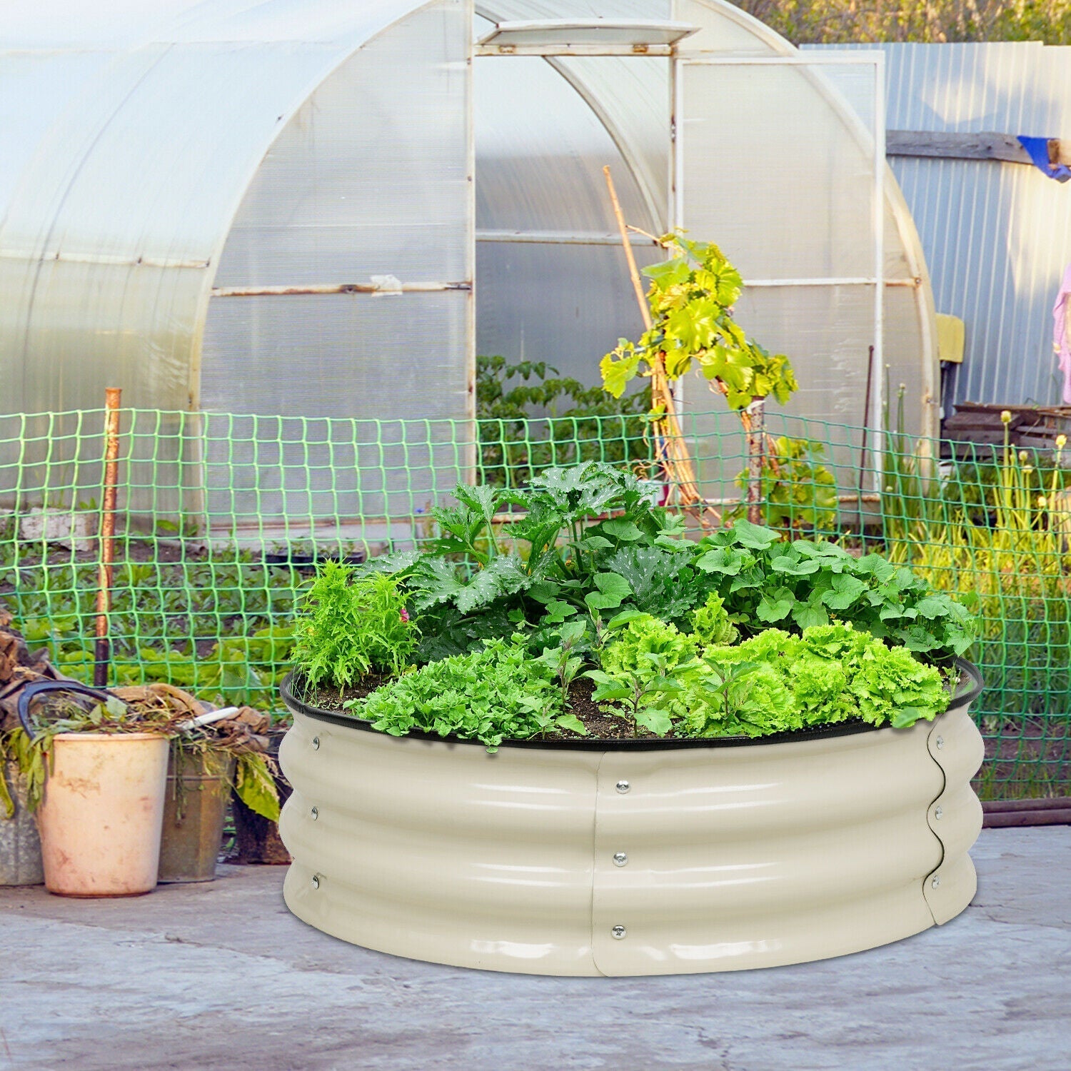 17" Tall, 42" Round Olle Galvanized Raised Garden Beds,Home Garden Vegetable Beds, Ivory