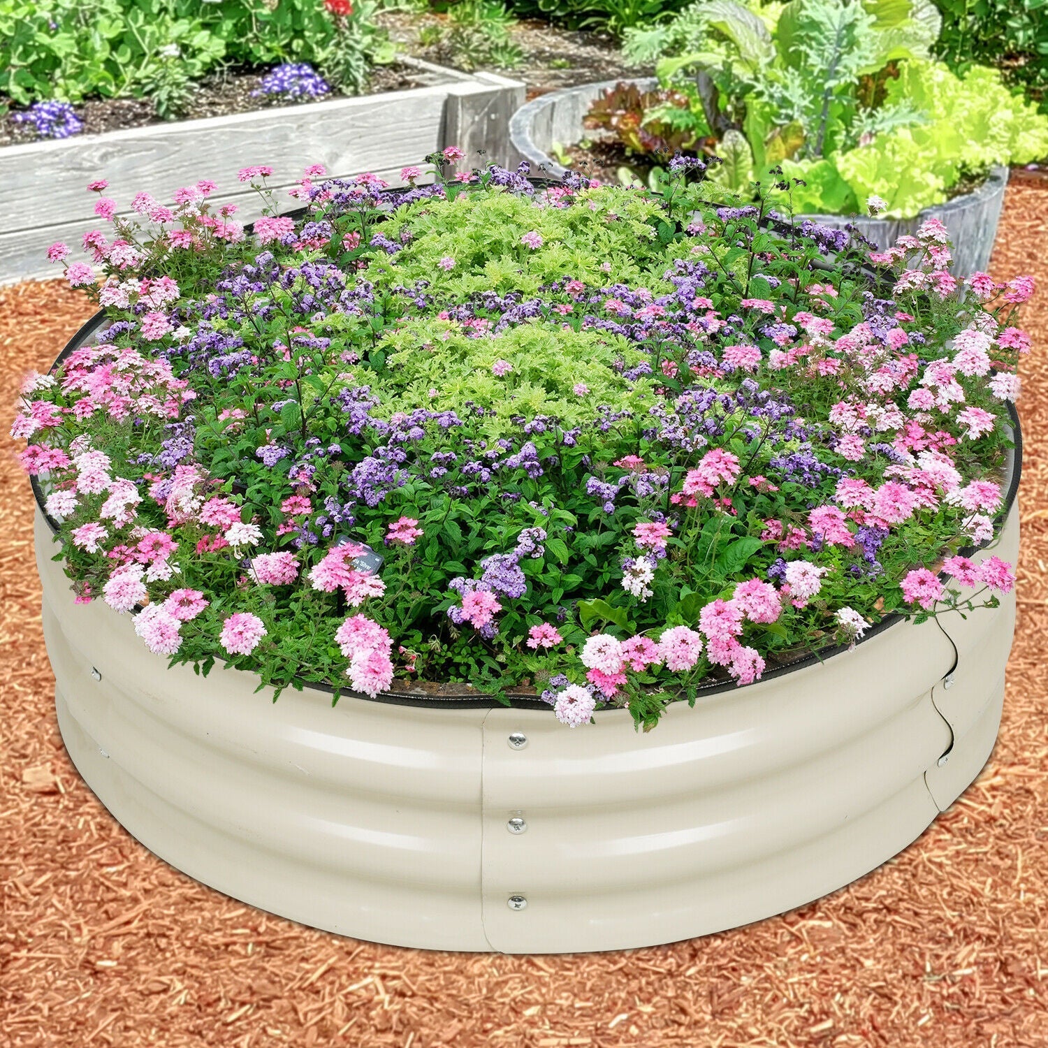 17" Tall, 42" Round Olle Galvanized Raised Garden Beds,Home Garden Vegetable Beds, Ivory